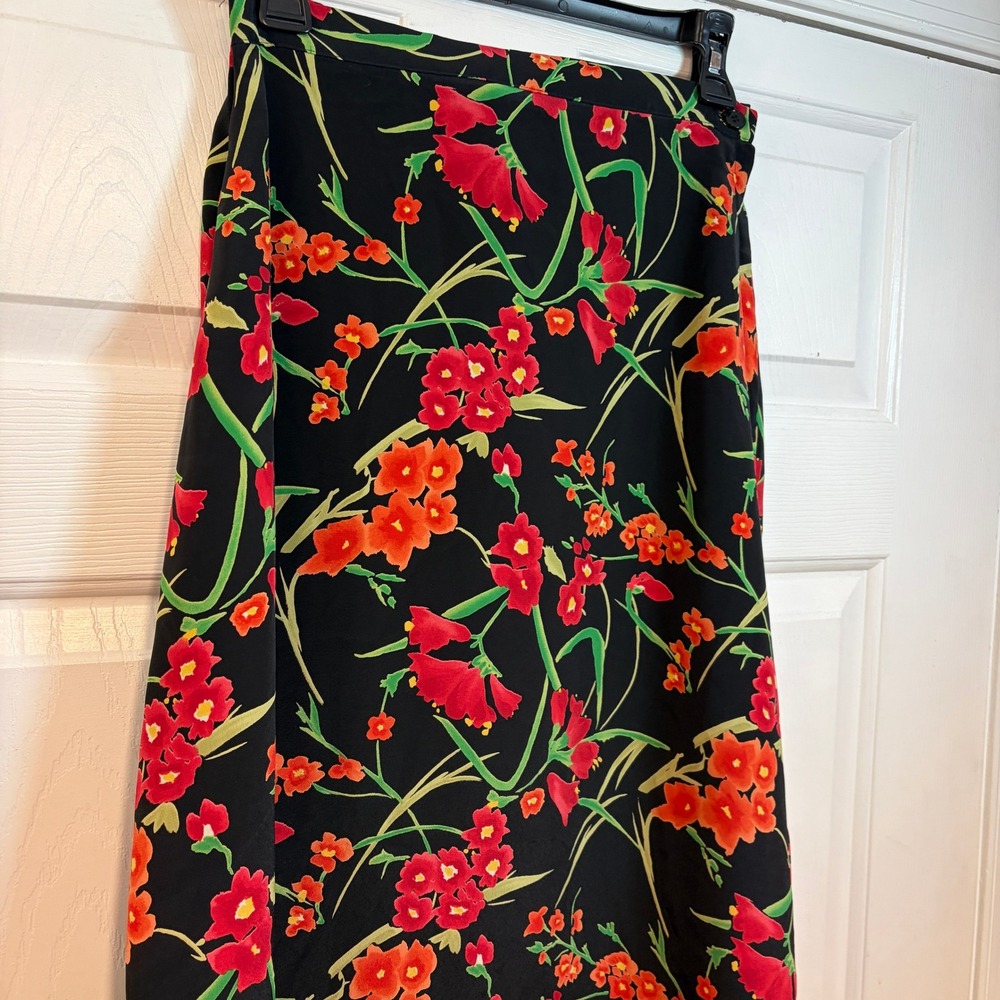 First Option Floral Maxi Skirt Black Red Orange XS S Vintage Grunge Flowy Garden